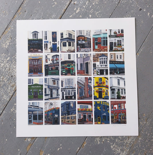 Fine art print of a painted pub crawl in Hove by artist Martin Thomas