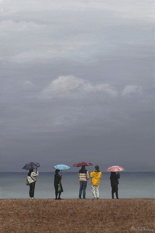 Painting of People with colorful umbrellas standing on Brighton beach under a grey sky by Martin Thomas