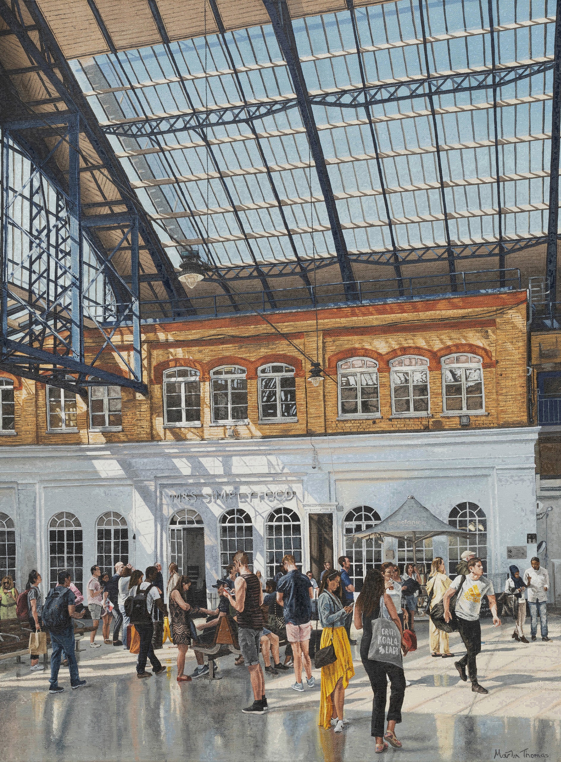 Painting by Martin Thomas of Brighton train station interior with people walking around.