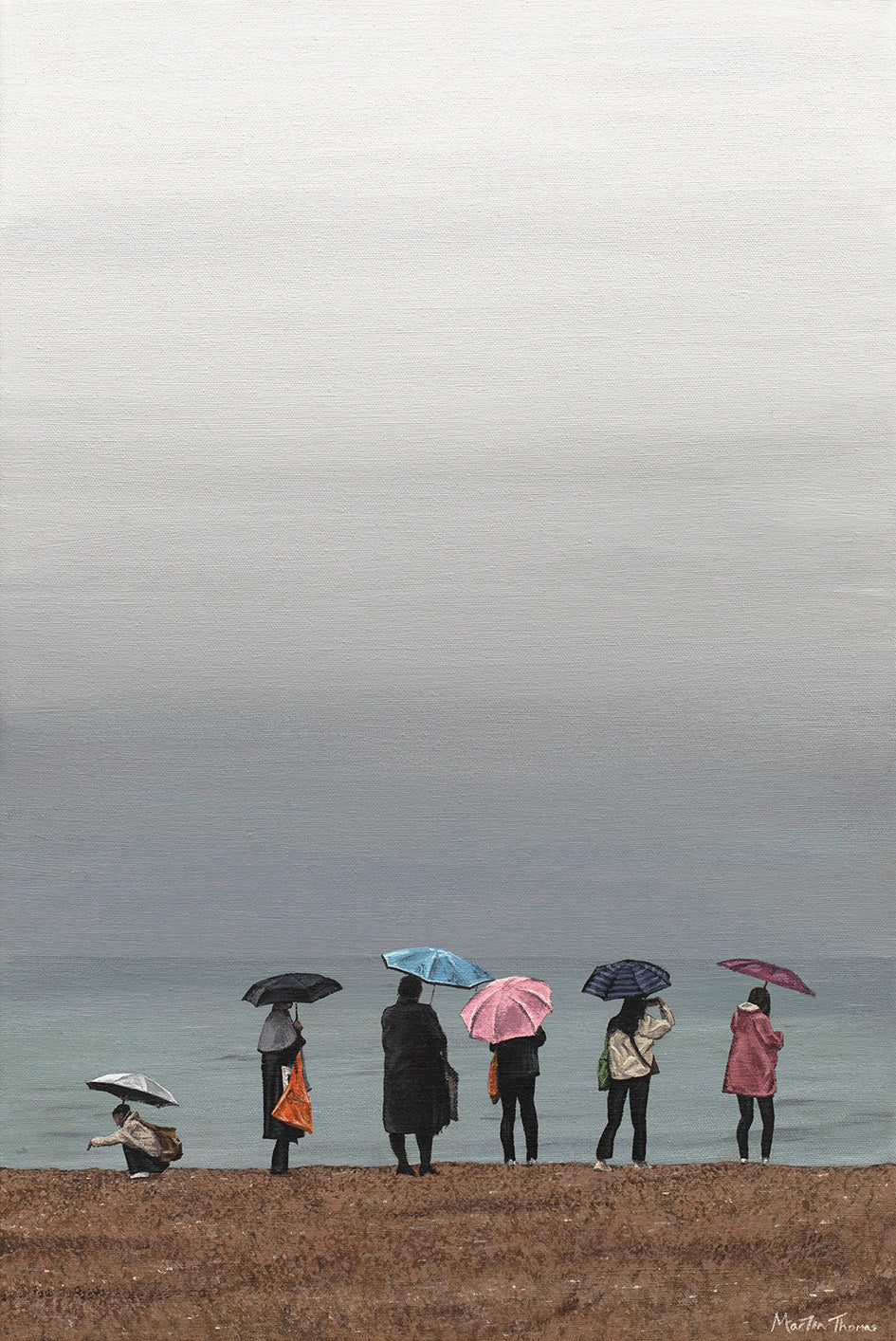 Painting of People with umbrellas standing on Brighton beach under an overcast sky by Martin Thomas
