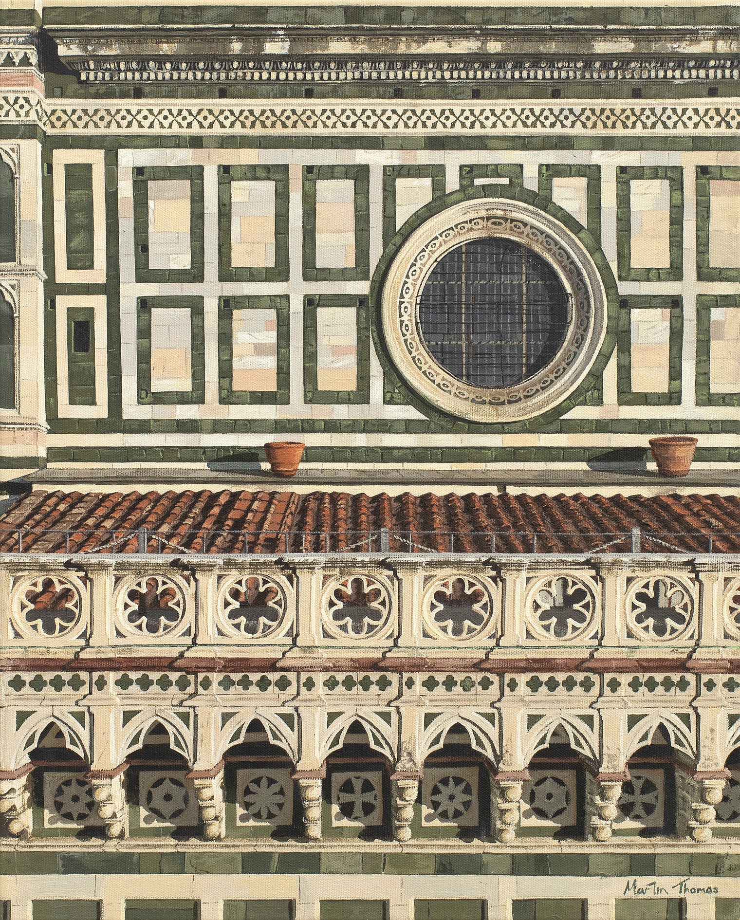 Painting by Martin Thomas of Decorative architectural detail of Cathedral of Santa Maria del Fiore in Florence with geometric patterns and arches