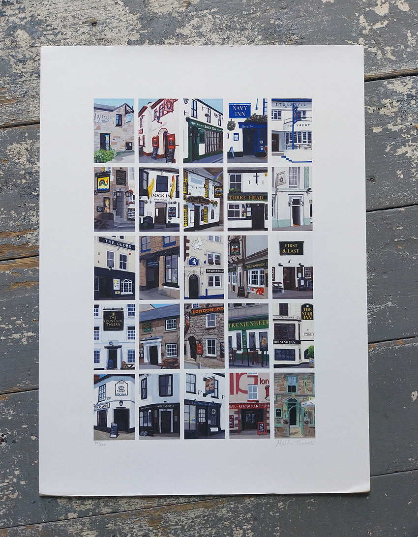 A limitedart print featuring all the pubs in Penzance. The limited edition print is from a painting by Martin Thomas