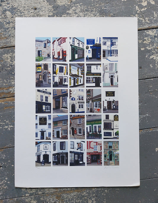 A limitedart print featuring all the pubs in Penzance. The limited edition print is from a painting by Martin Thomas