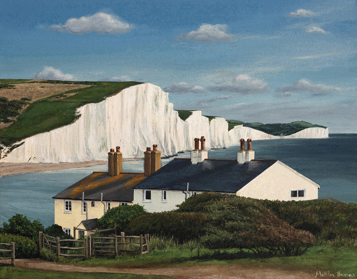Painting by Martin Thomas of the iconic Coastguard Cottages with the Seven Sisters cliffs in the background