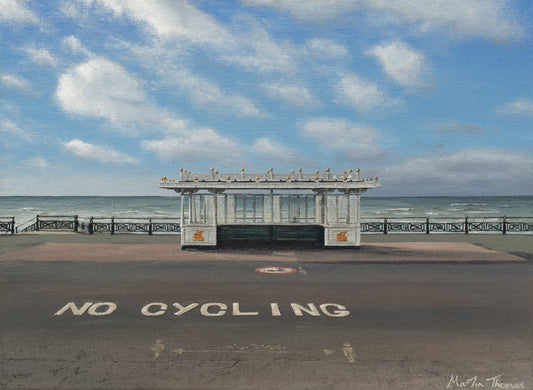 Painting by Martin Thomas  of a Shelter by the sea in Hove with 'No Cycling' sign on the promenade