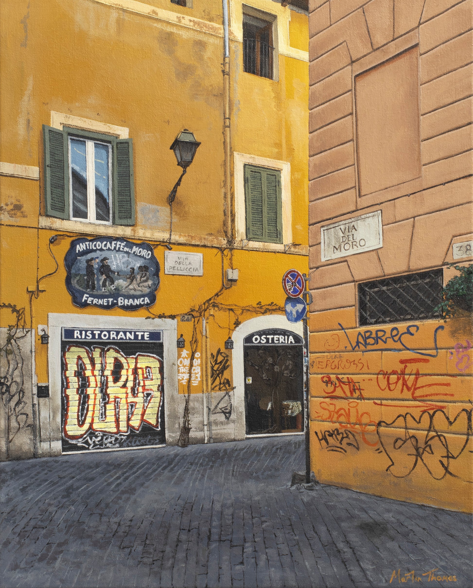 Painting by Martin Thomas of Roman Street scene with yellow building facades, graffiti, and a sign for a restaurant.