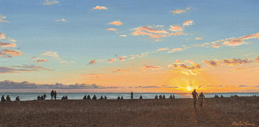 Painting of People on Brighton beach at sunset with a colorful sky by Martin Thomas
