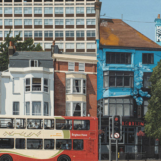 Illustration by Martin Thomas of a Brighton city street with buildings, a red double-decker bus, and traffic lights.