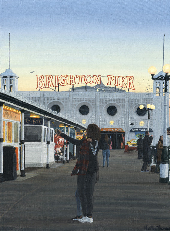 Painting by Martin Thomas ofPerson standing on a pier taking a selfie with 'Brighton Pier' sign and other tourists in the background
