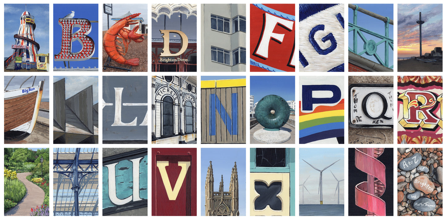 Painting by artist Martin Thomas including all the letters of the alphabet taken from landmarks and signs around Brighton. Original artwork of acrylic paint on individual boards
