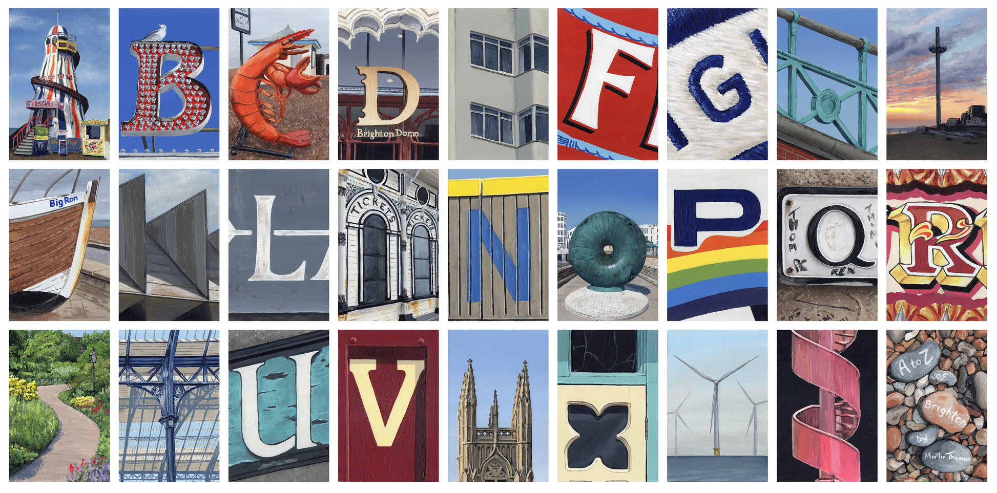 Painting by artist Martin Thomas including all the letters of the alphabet taken from landmarks and signs around Brighton. Original artwork of acrylic paint on individual boards