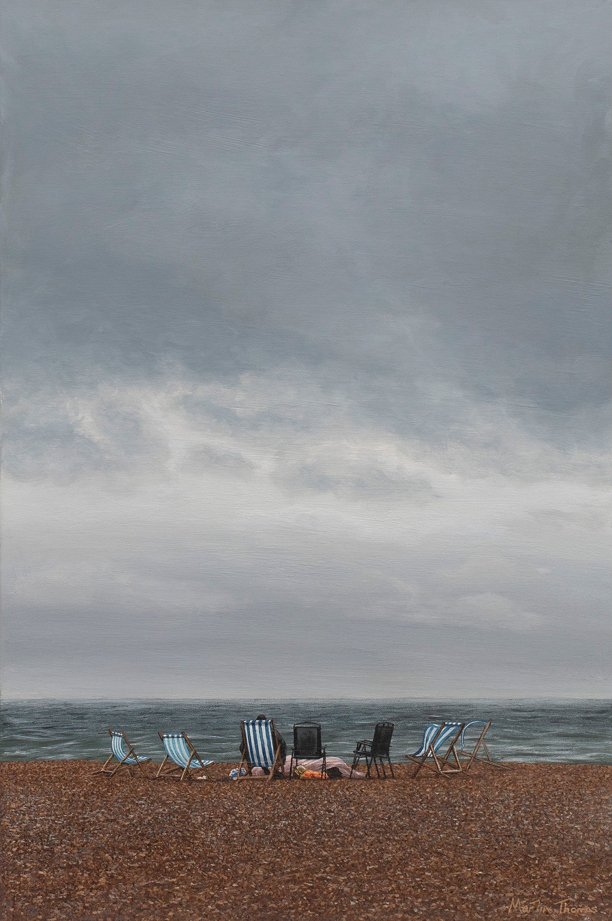 Painting of a Brighton Beach scene with deckchairs under a cloudy sky