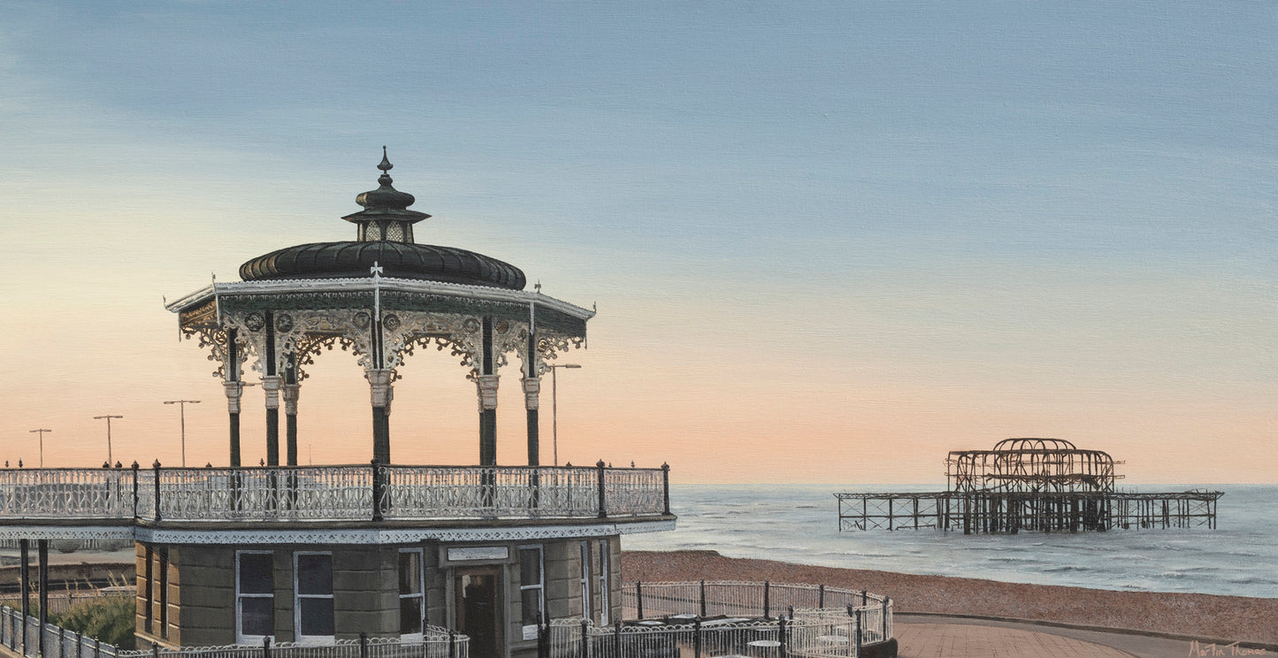 Painting by artist Martin Thomas of Brighton Bandstand by the beach with the West pier in the background during sunrise. Original artwork of acrylic paint on canvas
