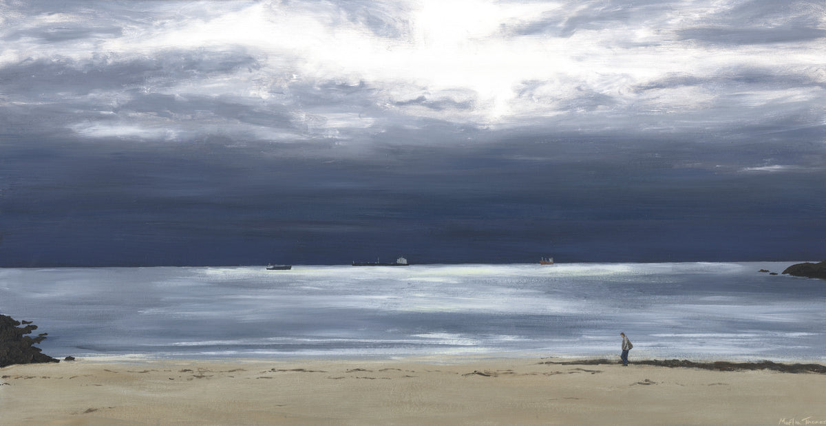 Painting by Martin Thomas of a Person standing on Swanpool beach in Falmouth with a dark, cloudy sky over the water