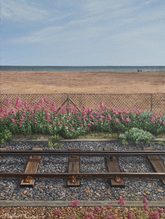 Painting of a Brighton Beach scene by artist Martin Thomas with train tracks of Volks Electroic Railway, pink Valerian flowers, and a fence. Original artwork of acrylic paint on canvas