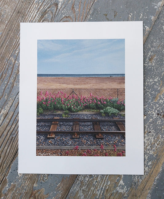 Art print of Volks electric railway on Brighton Beach with Valerian flowers painted by artist Martin Thomas