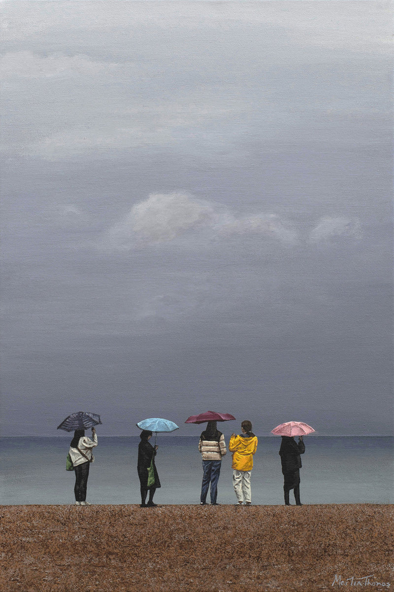 Painting of People with colorful umbrellas standing on Brighton beach under a grey sky by Martin Thomas