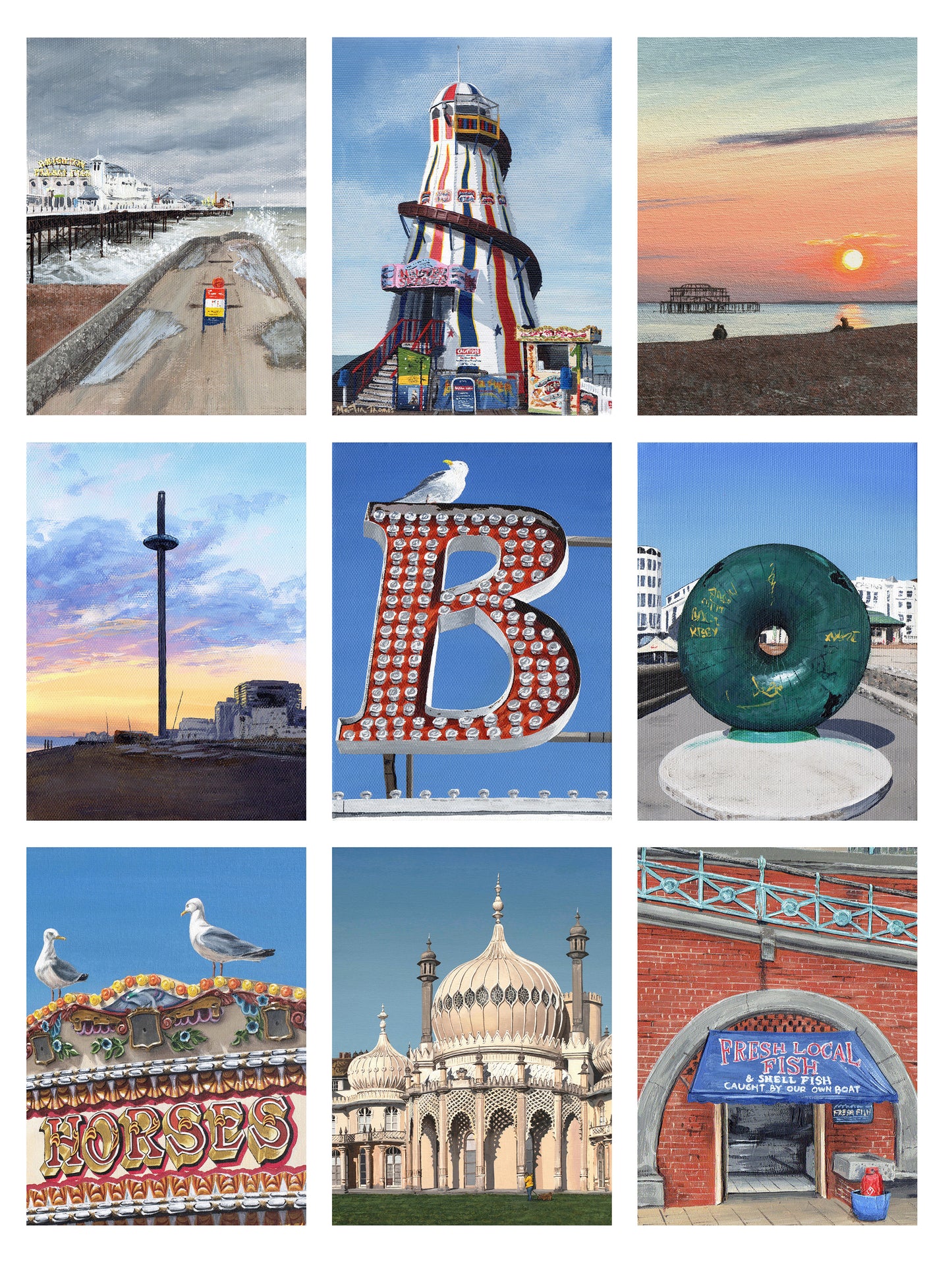 Collage of various scenic and architectural paintings by artist Martin Thomas including a Brighton's West and Palace piers, The I360, and Brighton Pavilion.