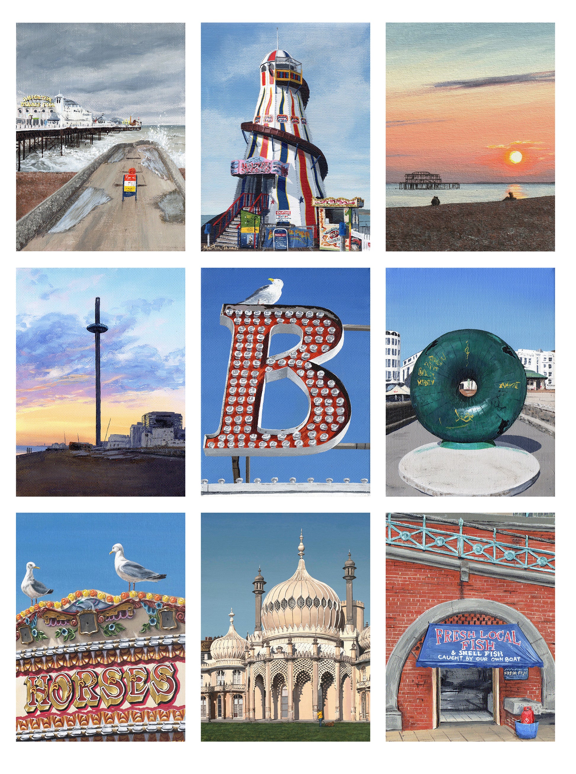 Collage of various scenic and architectural paintings by artist Martin Thomas including a Brighton's West and Palace piers, The I360, and Brighton Pavilion.