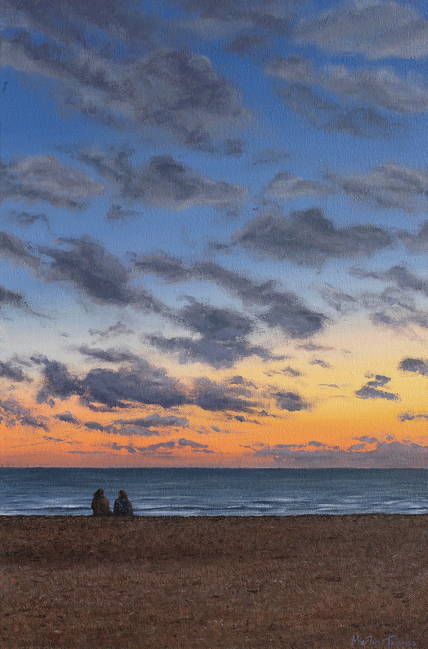 Two people sitting on Brighton beach at sunset with a dramatic sky painted by artist Martin Thomas. Original artwork of acrylic paint on canvas