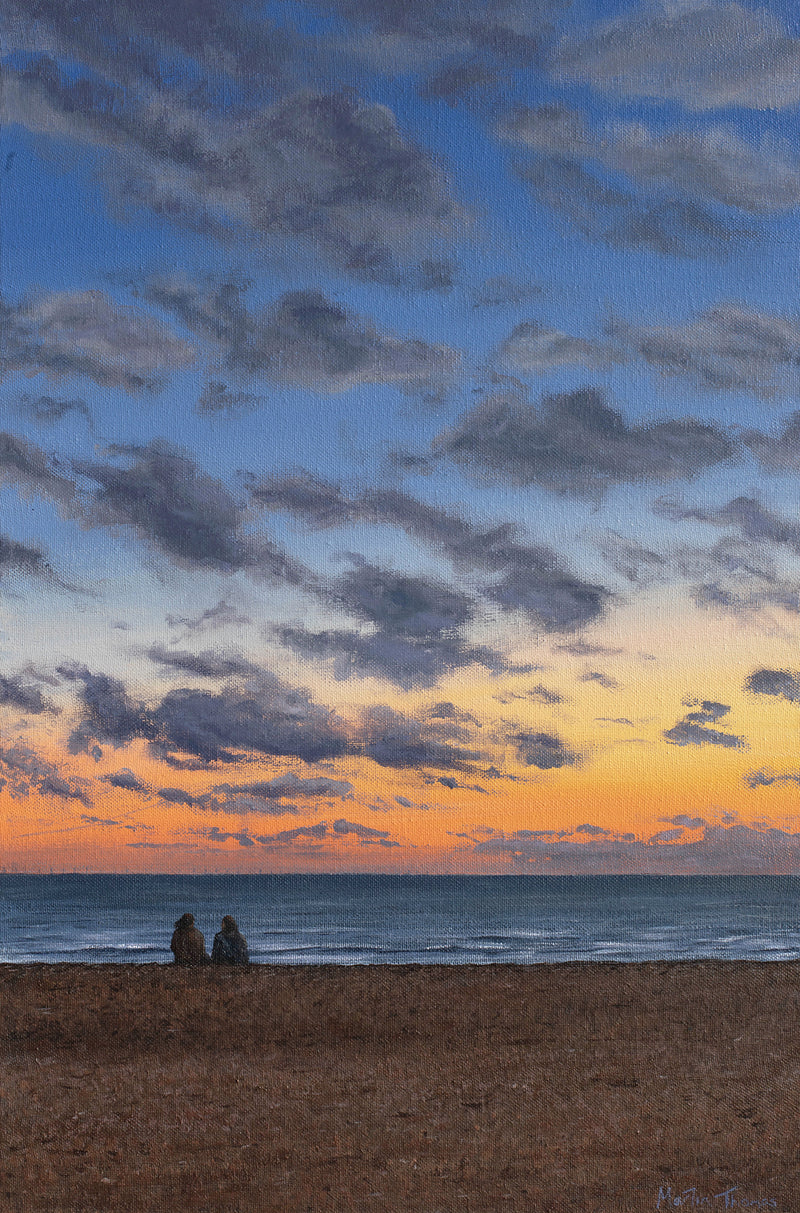 Two people sitting on Brighton beach at sunset with a dramatic sky painted by Martin Thomas