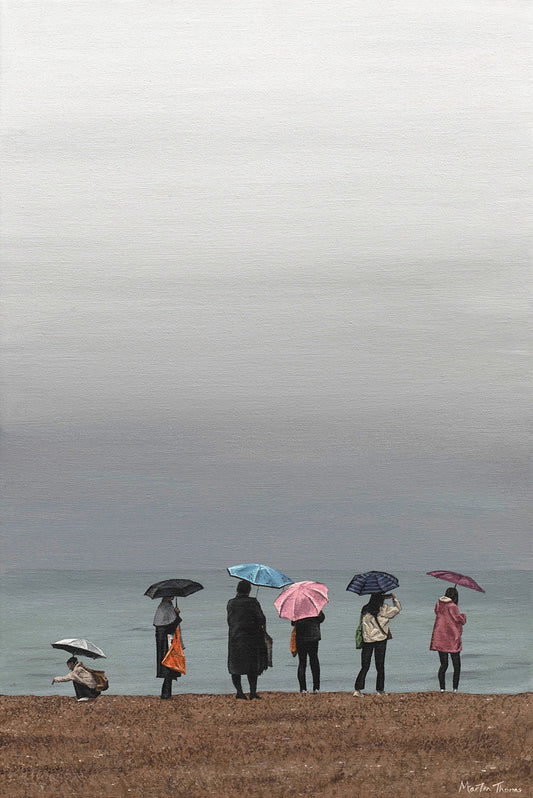 Painting of People with umbrellas standing on Brighton beach under an overcast sky by Martin Thomas