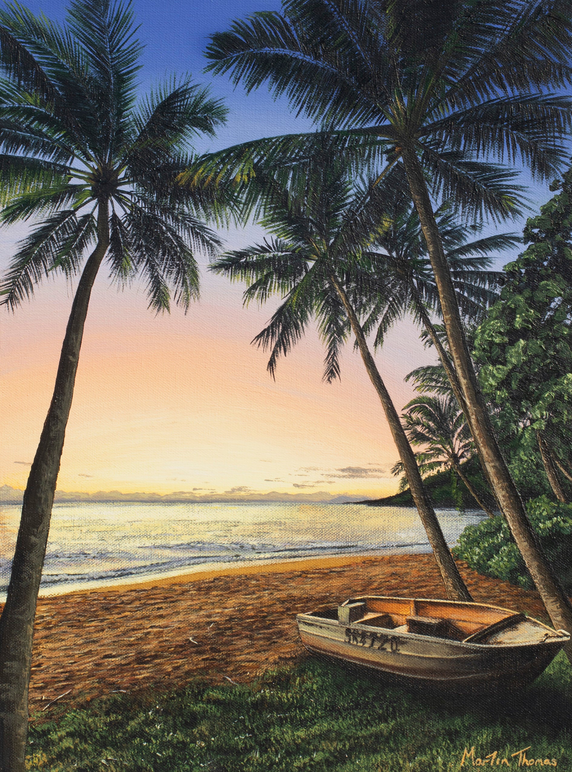 Painting by artist Martin Thomas of Tropical beach scene in Cairns, Australia with palm trees and a boat at sunset. Original artwork of acrylic paint on canvas