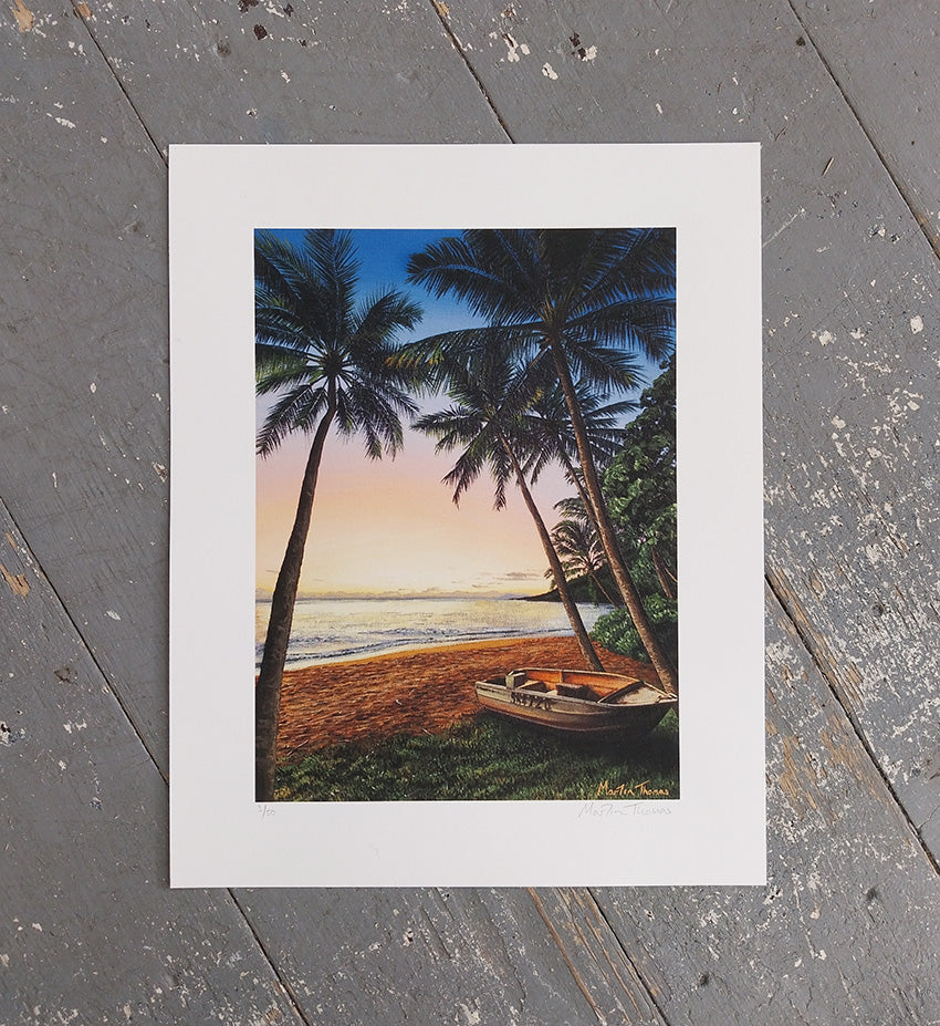 Art print of a sunrise on a beach in Cairns Australia painted by artist Martin Thomas