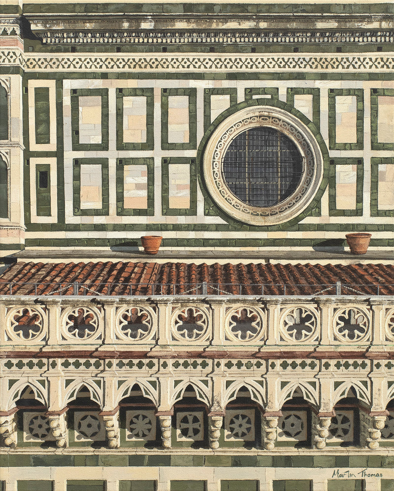 Painting by Martin Thomas of Decorative architectural detail of Cathedral of Santa Maria del Fiore in Florence with geometric patterns and arches