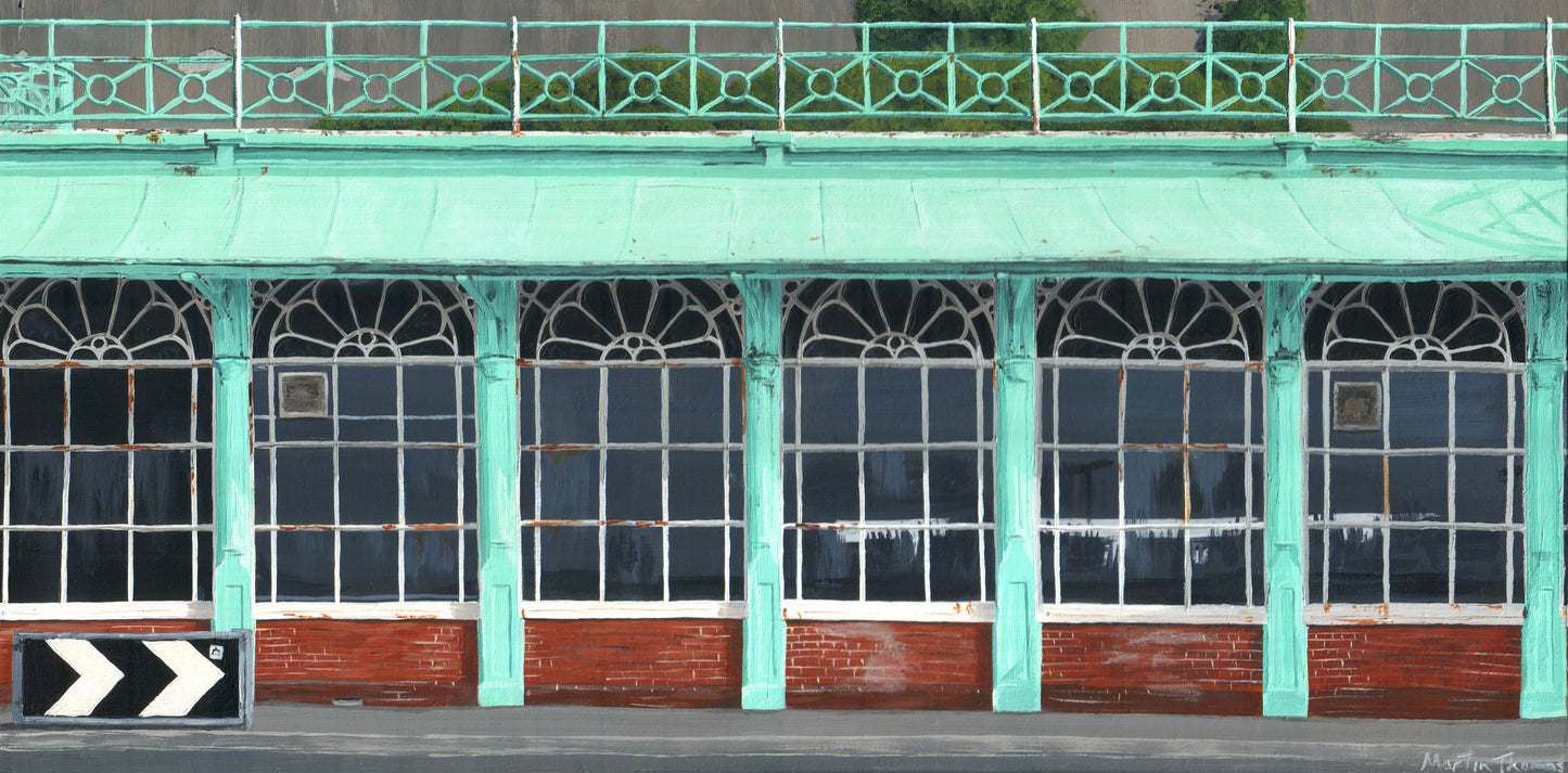 Painting by artist Martin Thomas of the facade of Concorde 2 music venue in Brighton. Original artwork of acrylic paint on board