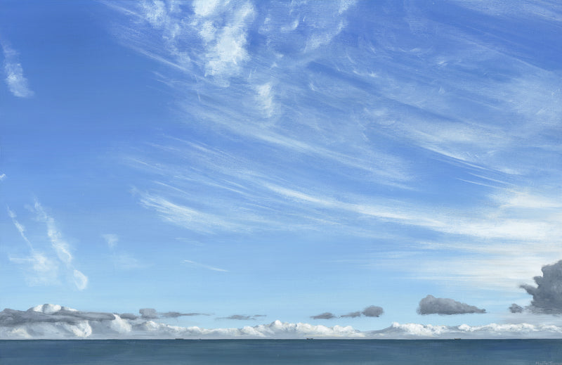 Painting by Martin Thomas Blue sky over Cornwall with white clouds over a body of water
