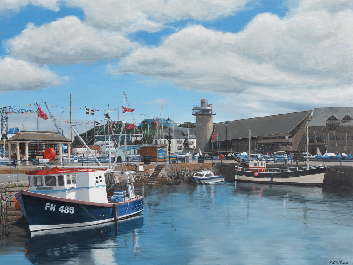Painting by Martin Thomas of Harbour scene in Custon House Quay Falmouth with boats and The National Maritime Museum under a cloudy sky