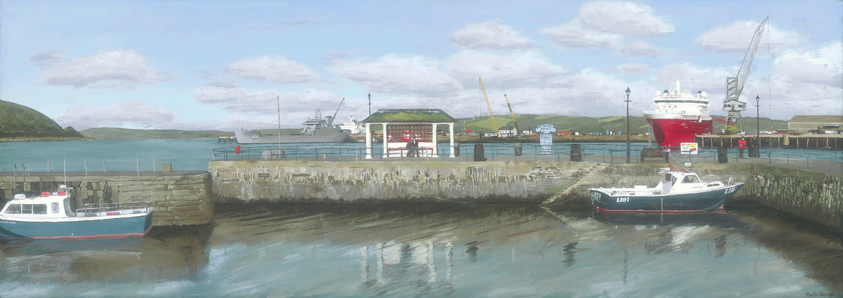 Painting of a Harbor scene in Falmouth by Martin Thomas with boats and a dock under a cloudy sky