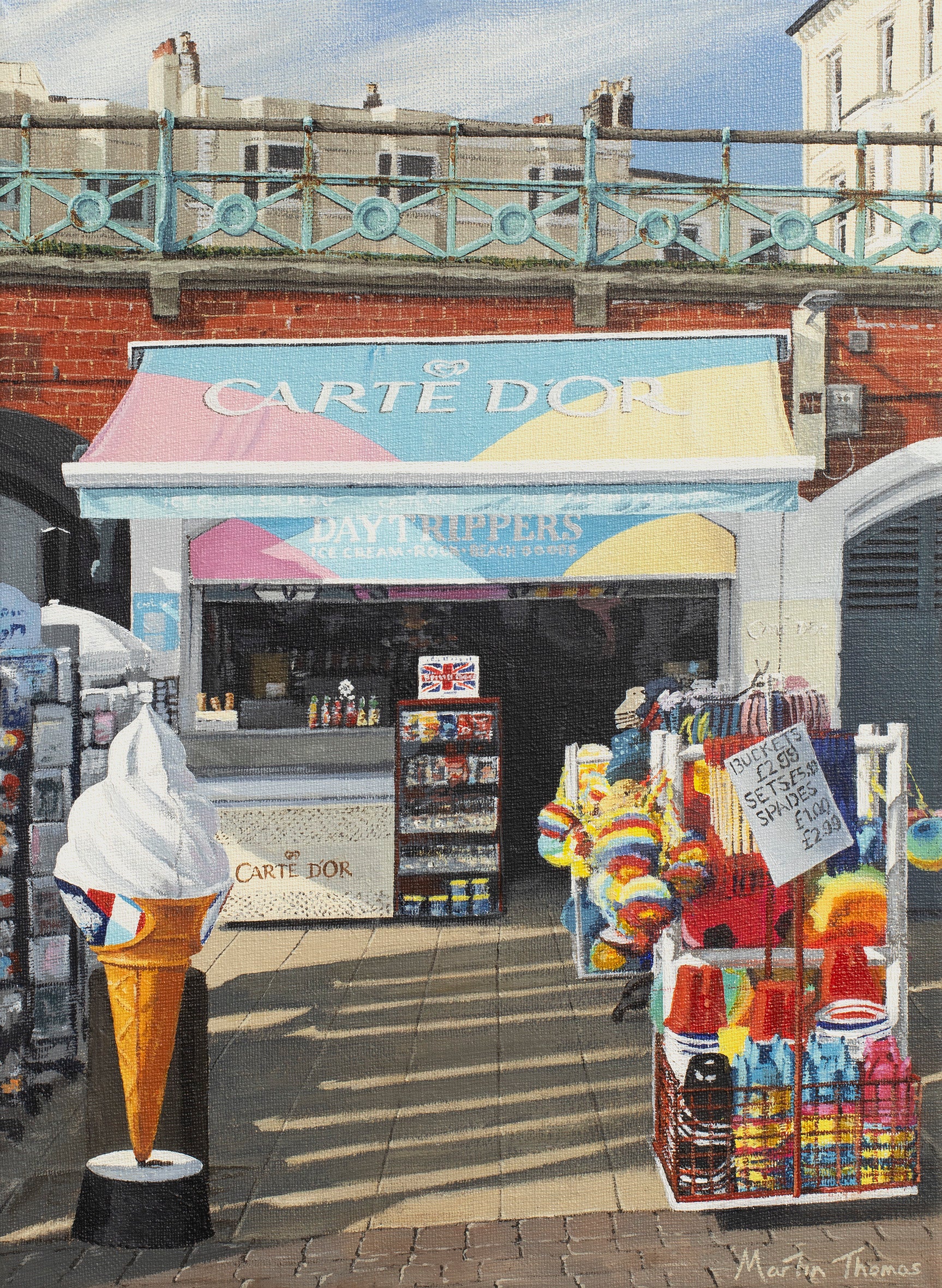 Painting by artist Martin Thomas of Daytrippers ice cream and beach shop in Brighton with colorful awning and ice cream cone display. Original artwork acrylic on canvas