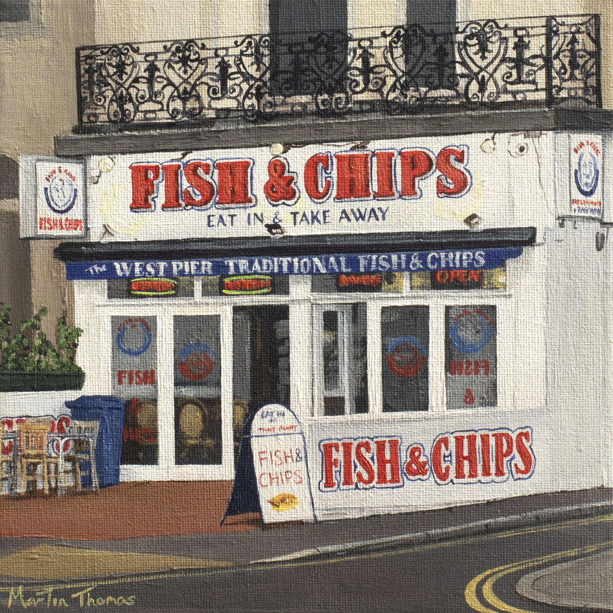 Illustration of a fish and chips shop with signage and exterior details by Martin Thomas
