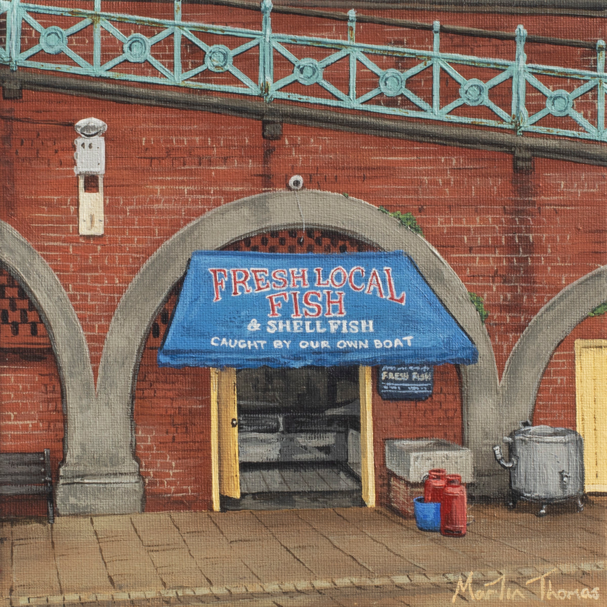 Artistic depiction by Martin Thomas of a fishmonger in Brighton's fishing quarter with a blue awning advertising fresh local fish and shellfish.