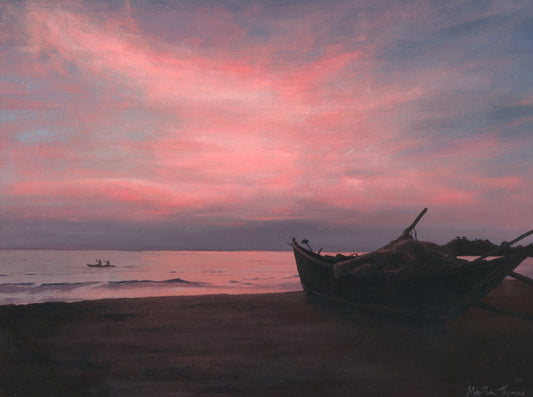 Painting by artist Martin Thomas of a Silhouette of a boat on a beach in Goa, India with a pink and purple sunset sky.