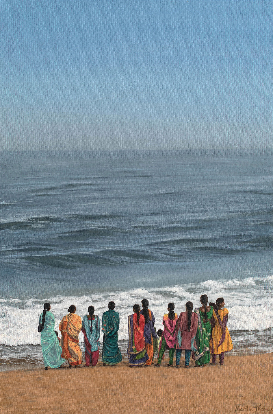 Painting by Martin Thomas of Indian ladies in their decorative saris looking at the sea on a beach in Odessa