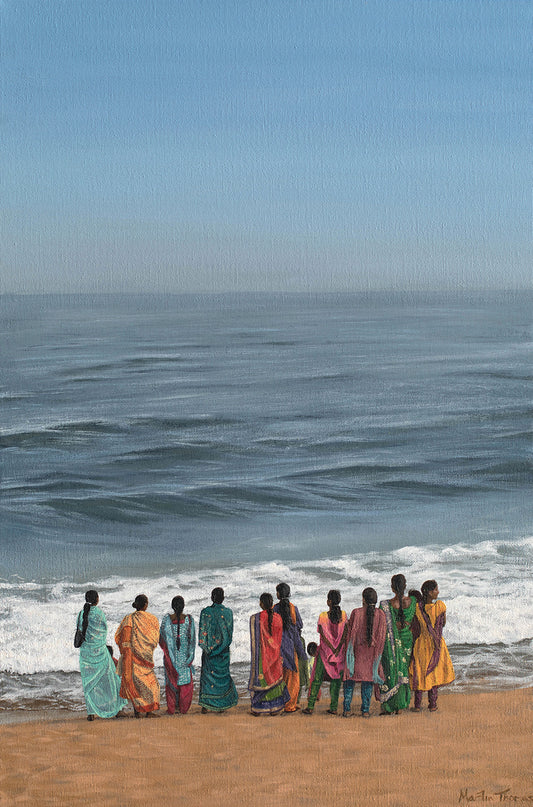 Painting by Martin Thomas of Indian ladies in their decorative saris looking at the sea on a beach in Odessa
