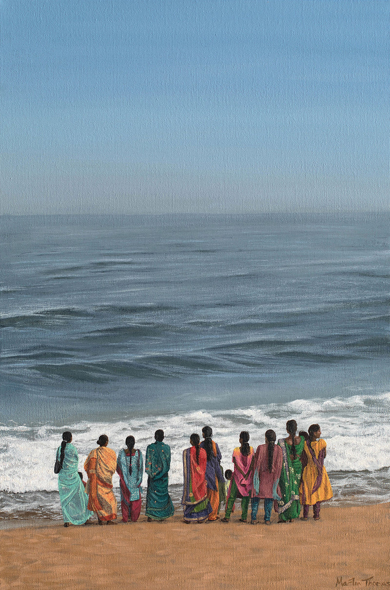 Painting by Martin Thomas of Indian ladies in their decorative saris looking at the sea on a beach in Odessa