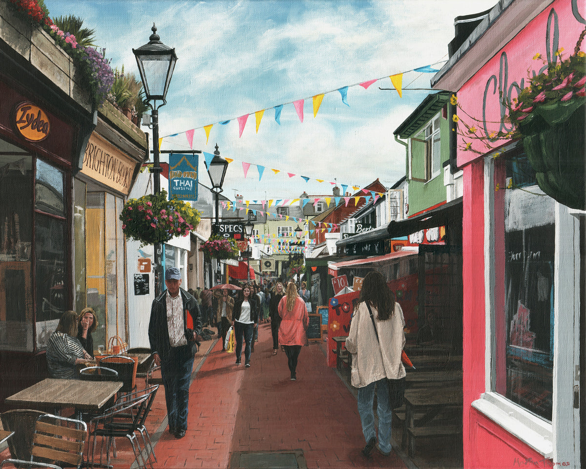Painting by Martin Thomas ofColorful street scene in Kensigton Gardens, Brighton with people walking and shops on a sunny day.