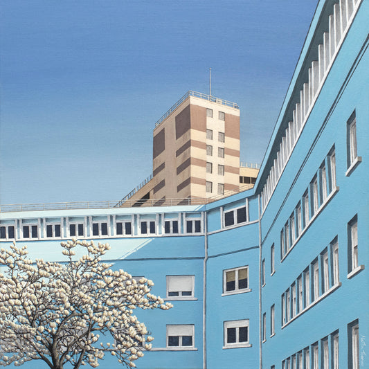 Painting by artist Martin Thomas of Blue building in Porto with a magnolia tree in the foreground against a clear blue sky