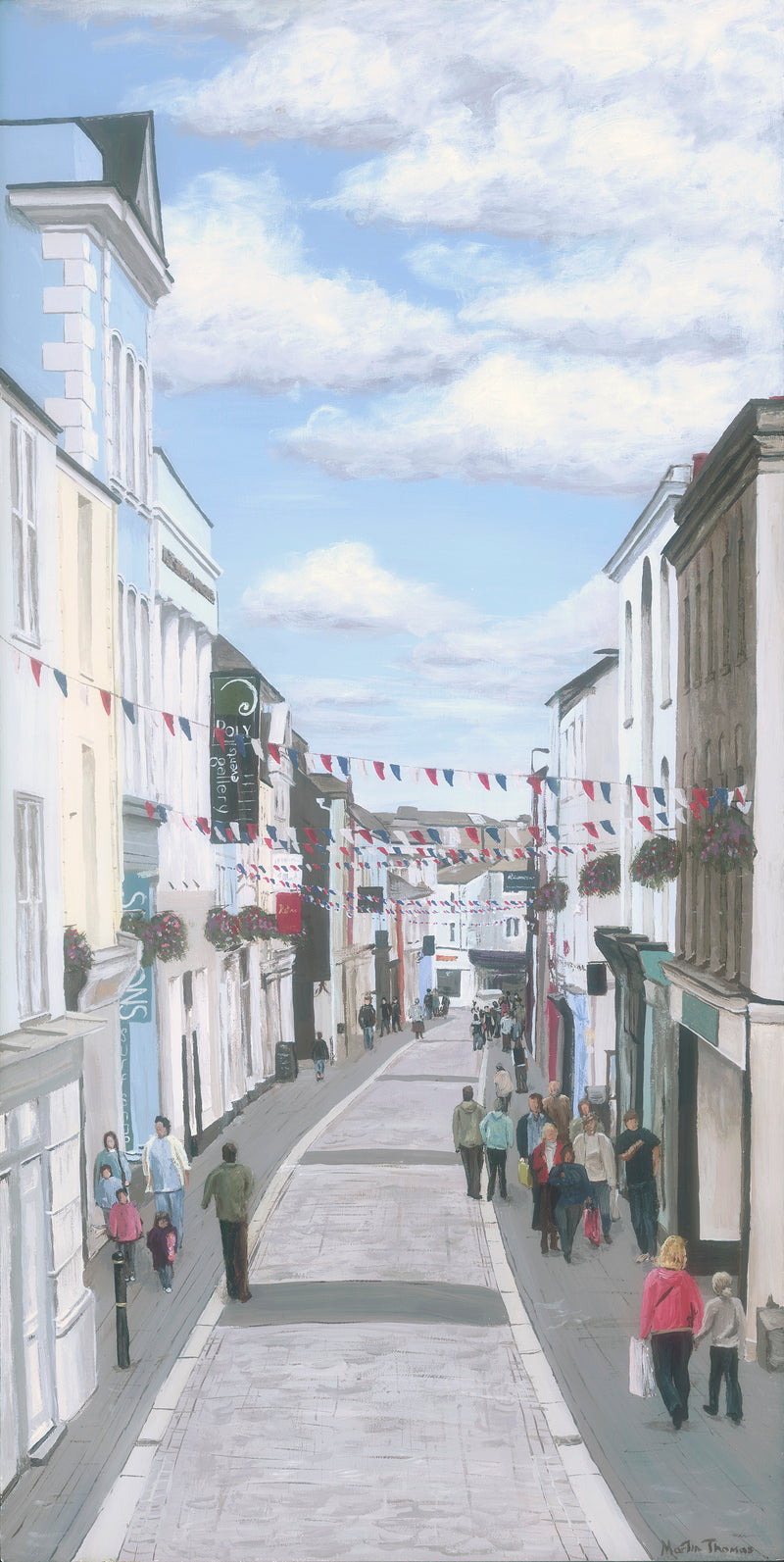 Painting by Martin Thomas of a street scene in Falmouth Cornwall with people and buildings under a blue sky with clouds.