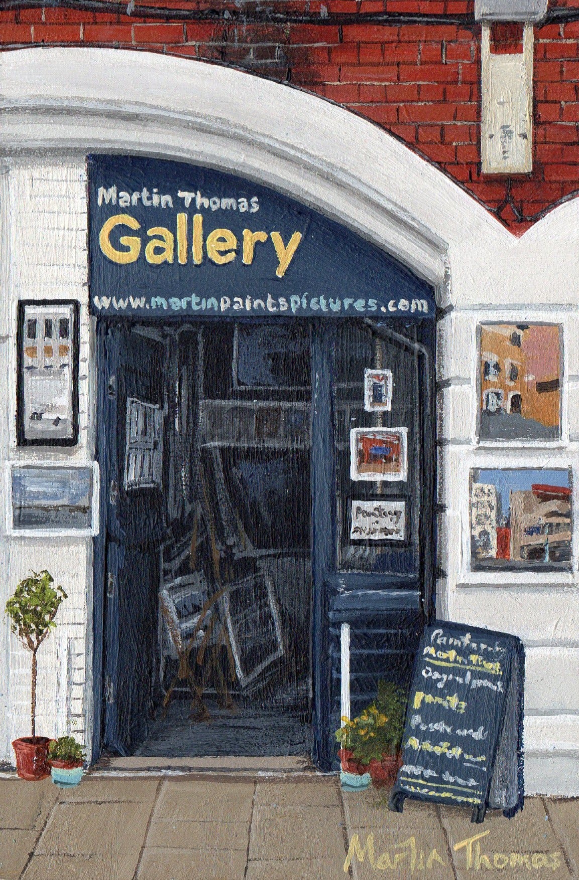 Artistic depiction of Martin Thomas Gallery with paintings displayed on a brick building.