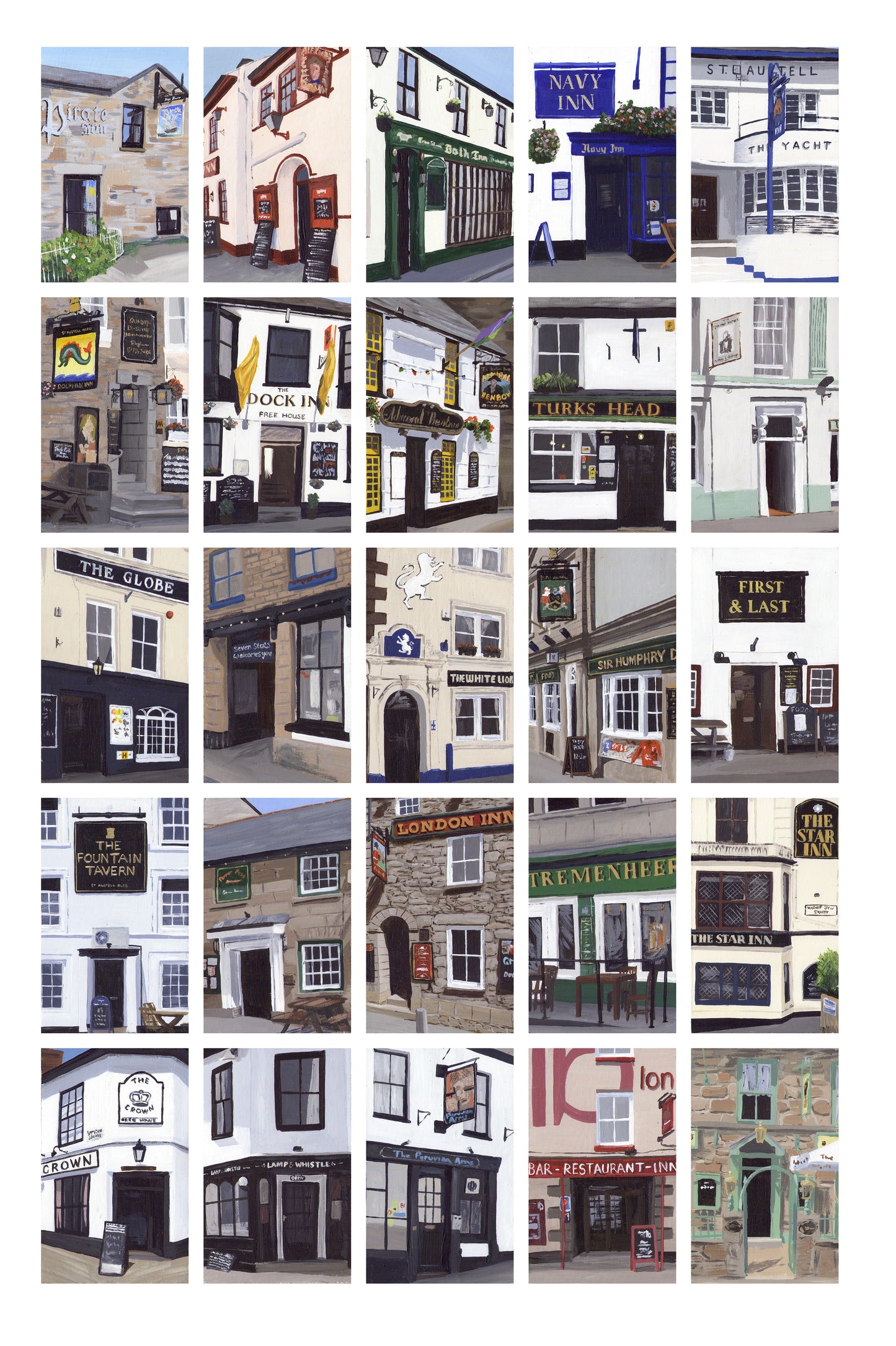 A collage of painted pubs in Penzance, Cornwall arranged in a grid. Painting by Martin Thomas