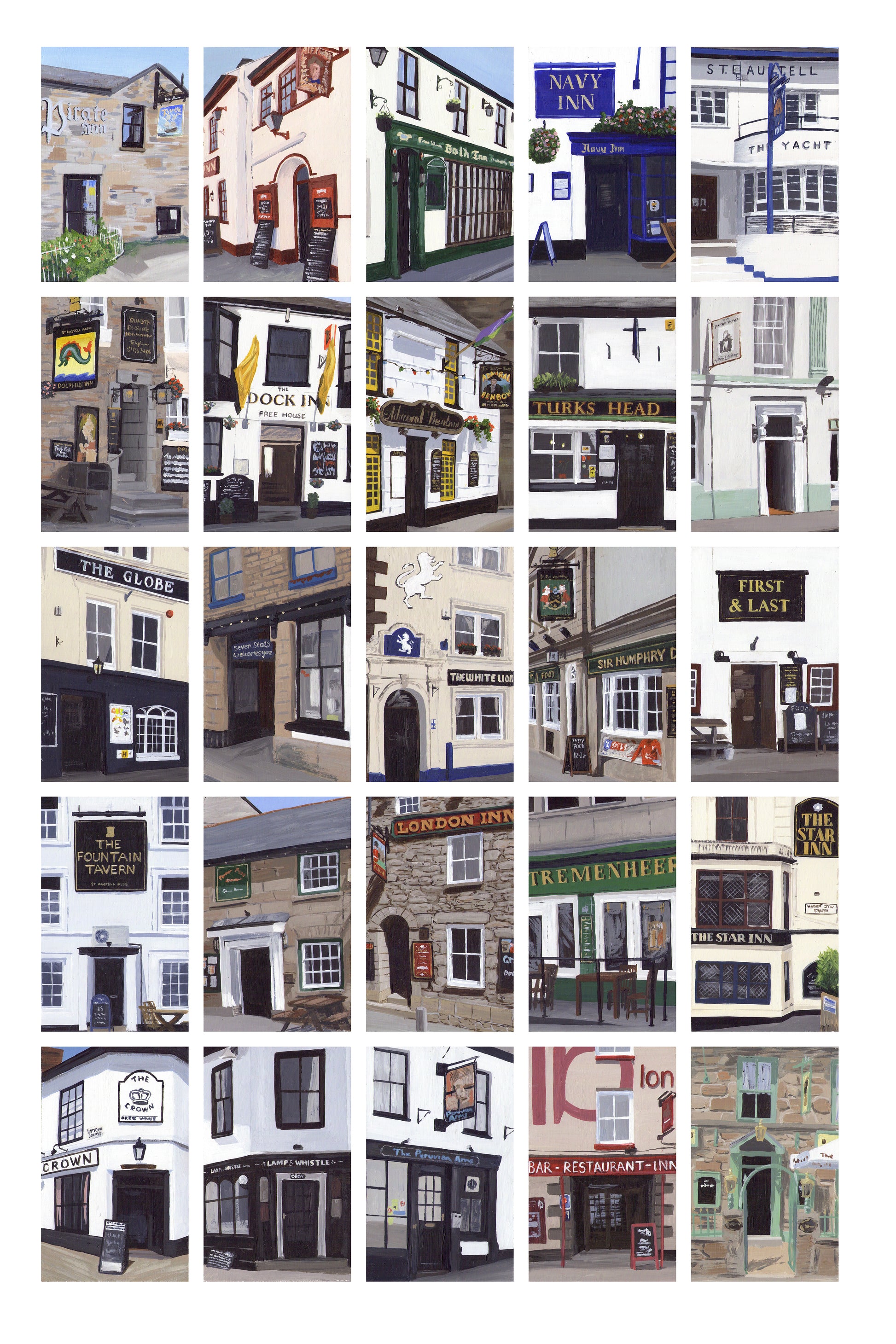 A collage of painted pubs in Penzance, Cornwall arranged in a grid. Painting by Martin Thomas