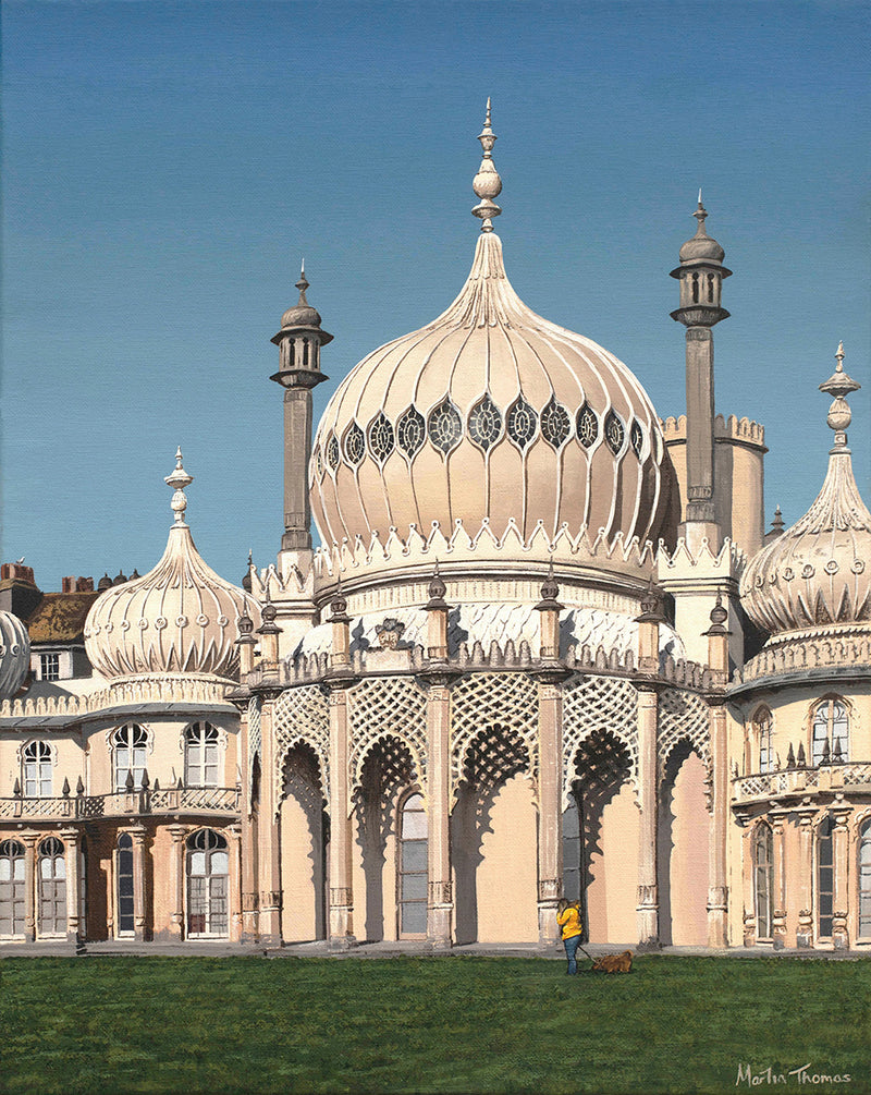 Painting of Brighton Pavilion by Martin Thomas featuring a lady walking a dog