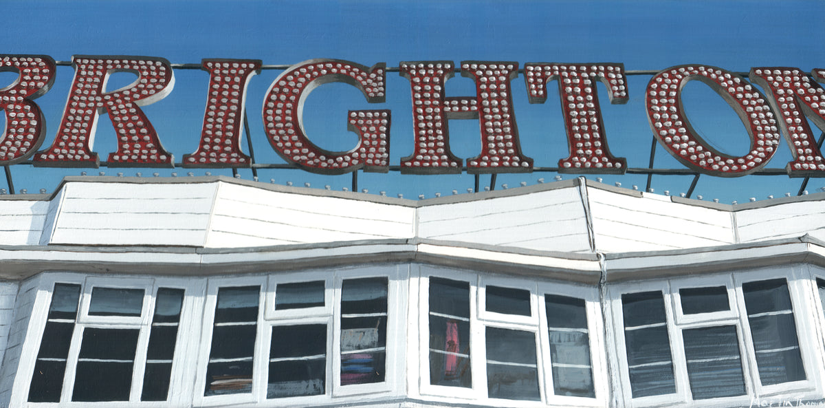 Painting of Brighton Pier sign with a blue sky background by Martin Thomas