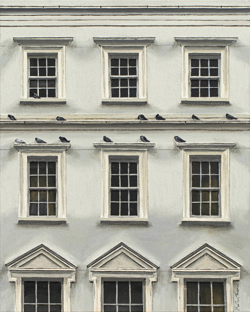 Painting by Martin Thomas of Row of windows on a building in Brighton with birds perched on the ledge.