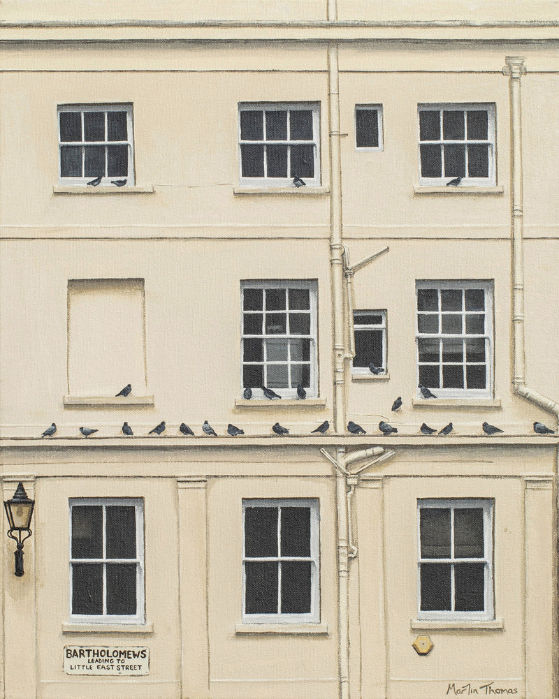 Painting by Martin Thomas of a Beige building facade in Brighton with windows and birds perched on a ledge.